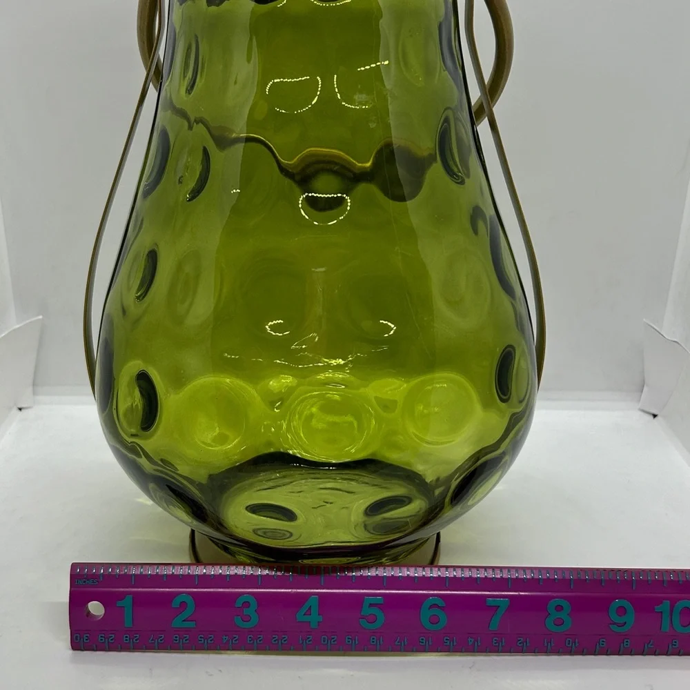 Green Glass With Gold Metal Handle Candle Holder 11” Decor